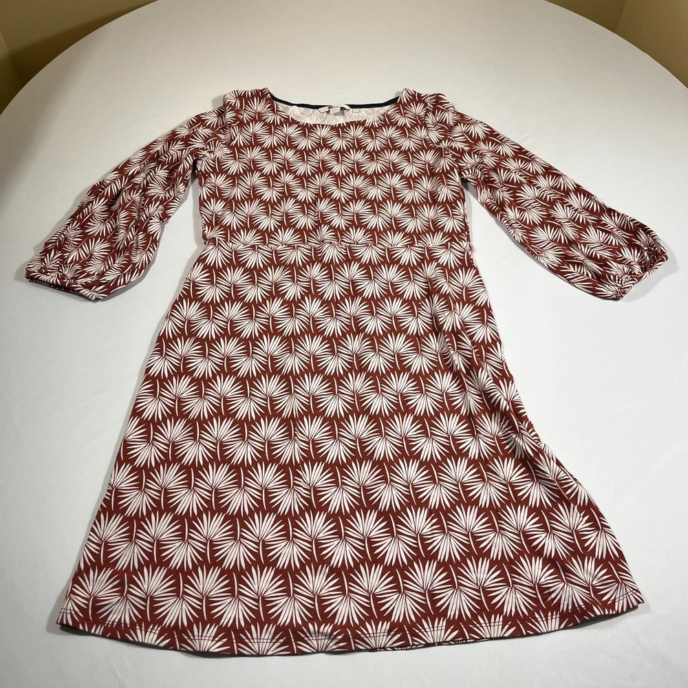 Boden Dress Womens 8L Rust Brown White Palm Leaf Knit Long Bishop Sleeve Mini